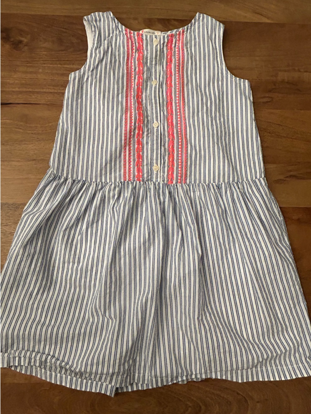 Crewcuts Blue and White Striped Dress with Bright Pink Embroidery - Girl 8